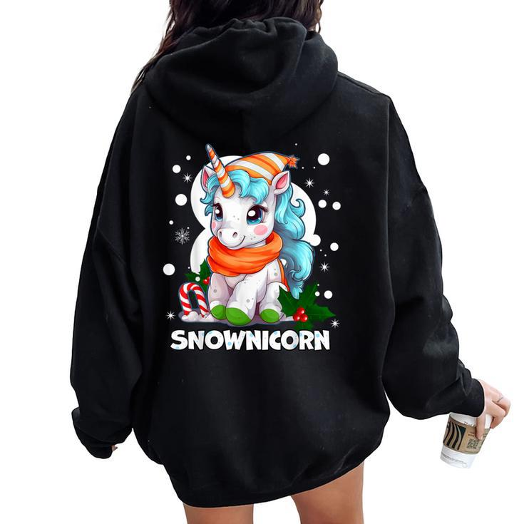 Snownicorn Cute Unicorn Snowman Christmas Girl Women Oversized Hoodie Back Print