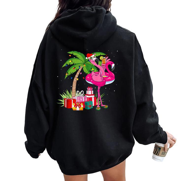 Tropical Pink Flamingo Christmas In July Summer Palm Tree Women Oversized Hoodie Back Print