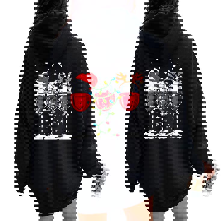 Wine Christmas Santa Hat Xmas Lights Reindeer Antlers Women Oversized Hoodie Back Print