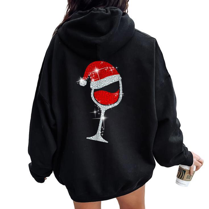 Wine Glasses Santa Hat Bling Christmas Wine Lover Women Oversized Hoodie Back Print