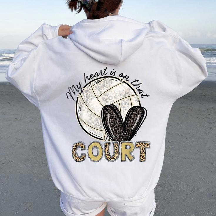 My Heart Is On That Court Volleyball Leopard Volleyball Mom Women Oversized Hoodie Back Print