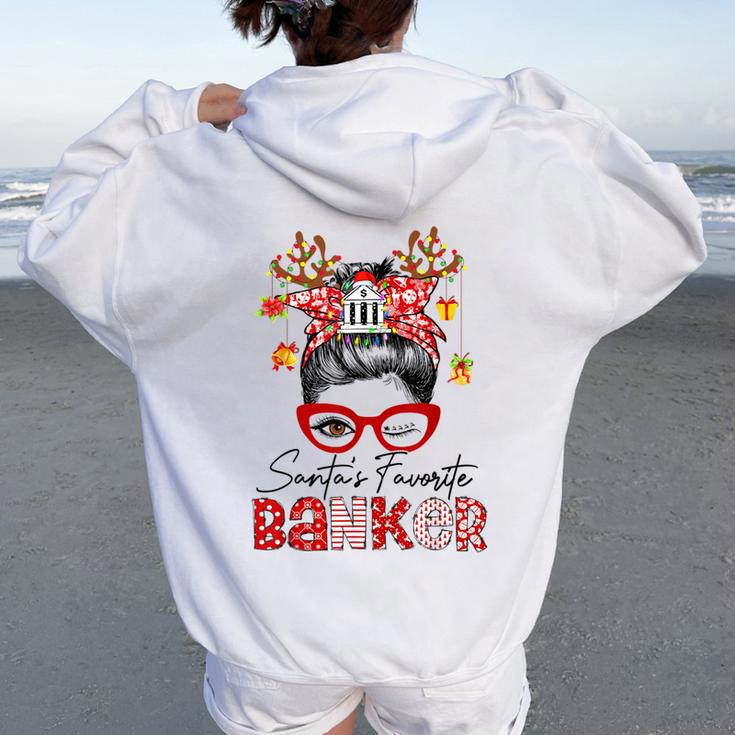 Messy Bun Hair- Christmas Tree-Santa's Favorite Banker Women Oversized Hoodie Back Print