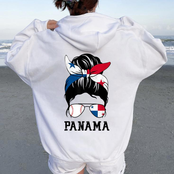 Panamanian Baseball Fan Girl Mom Messy Bun Panama Flag Women Oversized Hoodie Back Print