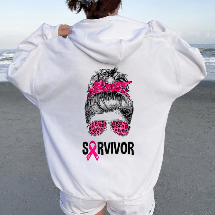 Survivor Messy Bun Pink Ribbon Breast Cancer Awareness Women Oversized Hoodie Back Print