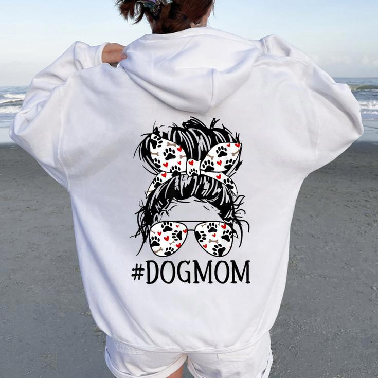 Women's Messy Bun Mom Dog Mom Glasses Fun Dog Lovers Women Oversized Hoodie Back Print