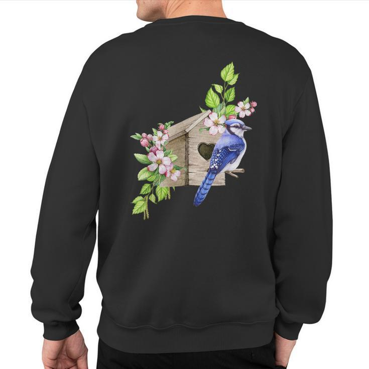 Blue Jay Bird Birdhouse And Pink Blossoms Bird Watching Sweatshirt Back Print