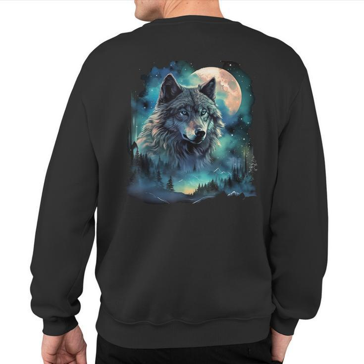 Grey Wolf Hunting Grounds Icy Moon Forest Galaxy Sweatshirt Back Print