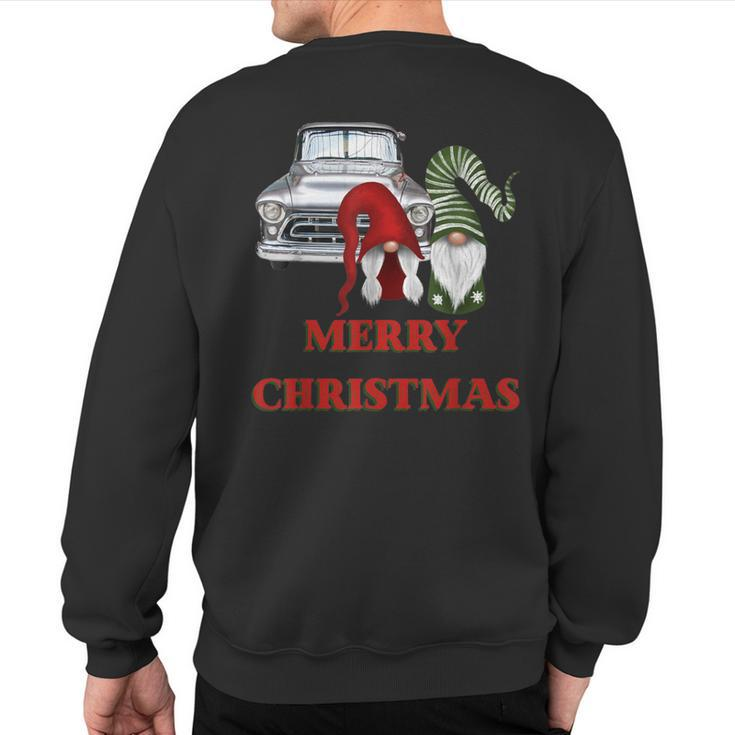 Merry Gnome Couple Old Pickup Truck Christmas Hotrod Holiday Sweatshirt Back Print