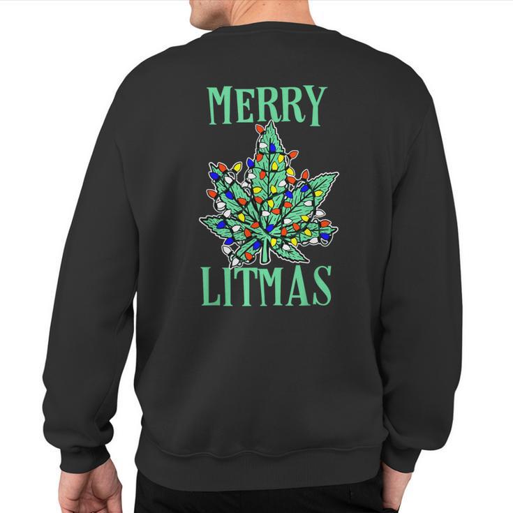 Merry Litmas Pot Leaf Christmas Tree Lights Marijuana Sweatshirt Back Print