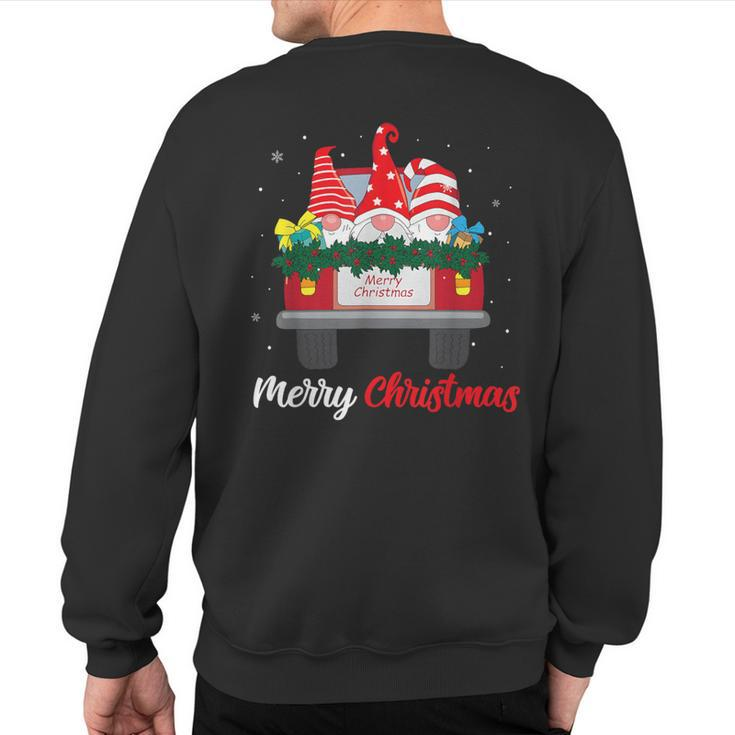 Three Gnomes In Red Truck With Merry Christmas Tree Family Sweatshirt Back Print