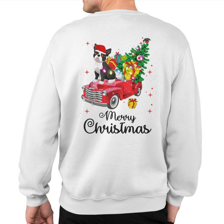 Boston Terrier Ride Red Truck Christmas Pajama Sweatshirt Back Print