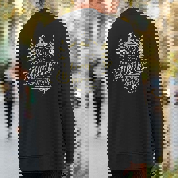 The Adventure Begins Vintage Look CamoSweatshirt Back Print