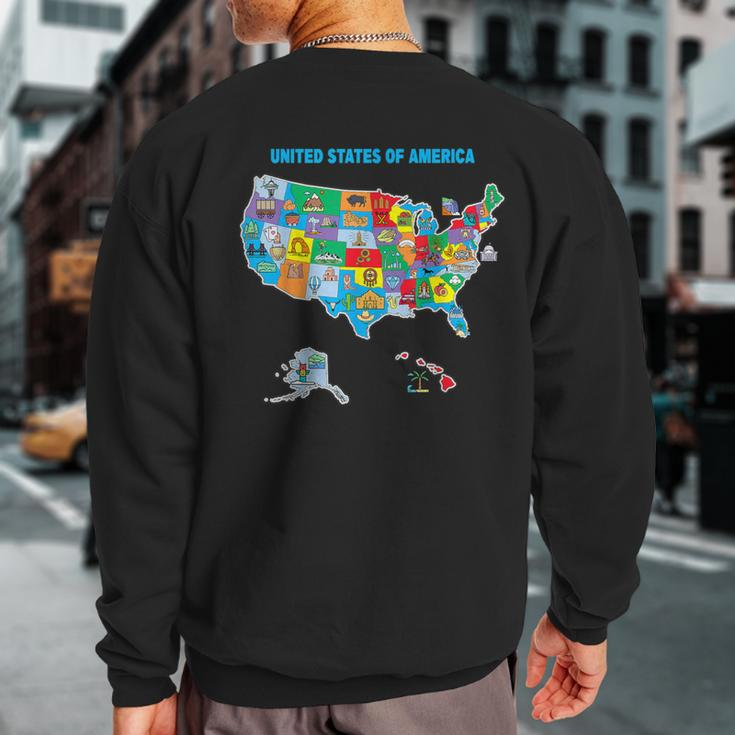 Colorful United States Of America Map Us Landmarks Icons Sweatshirt Back Print