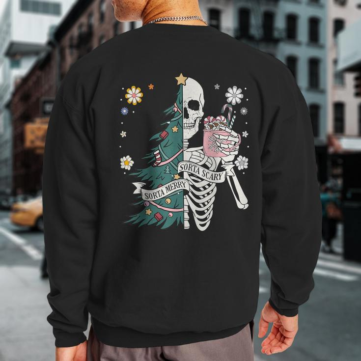 Sorta Scary Merry Sorta Christmas Skeleton Tree Santa Sweatshirt Back Print