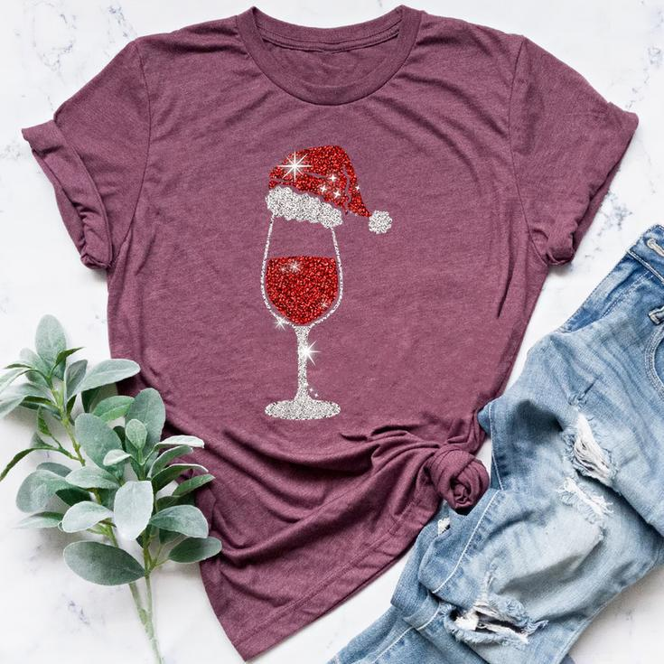 Glass Red Wine Santas Hat Xmas Clothes Pjs Outfit Christmas Bella Canvas T-shirt