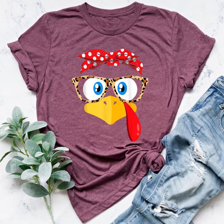 Thanksgiving Day Turkey Face Leopard Print Glasses Women Bella Canvas T-shirt