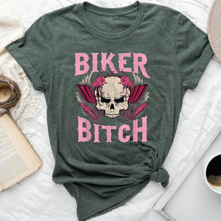Biker Bitch Skull Motorcycle Wife Sexy Babe Chick Lady Rose Bella Canvas T-shirt