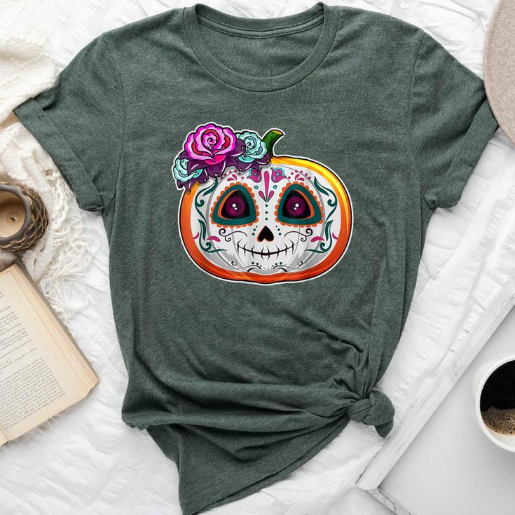 Day Of The Dead Pumpkin Dia De Los Muertos Skull Women Bella Canvas T-shirt