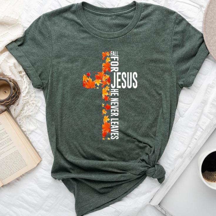 Fall For Jesus He Never Leaves Christian Faith Jesus Cross Bella Canvas T-shirt