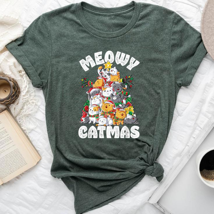 Meowy Catmas Cat Christmas Tree Xmas Girls Boys Santa Short Sleeve Bella Canvas T-shirt