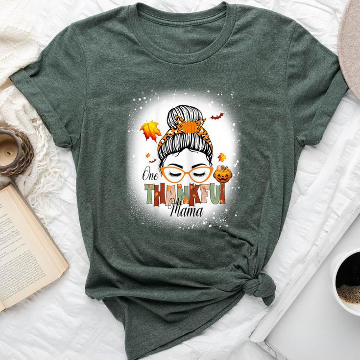 One Thankful Mama Messy Bun Fall Autumn Thanksgiving Bella Canvas T-shirt