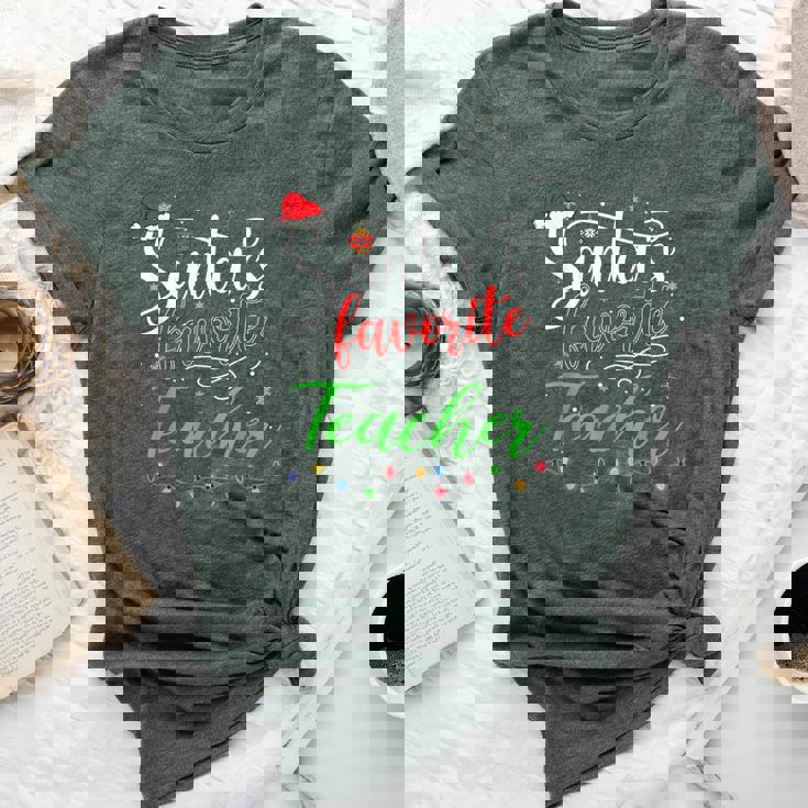 Santas Favorite Teacher Christmas Santa Hat Light Bella Canvas T-shirt