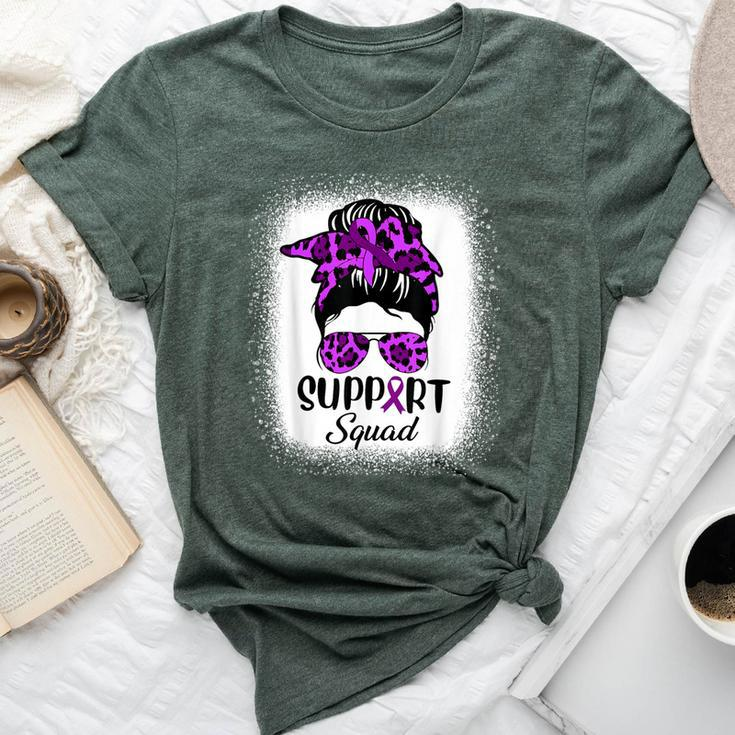 Support Pancreatic Cancer Awareness Messy Bun Ribbon Purple Bella Canvas T-shirt