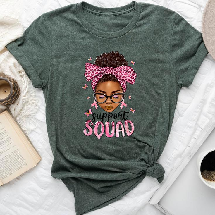 Support Squad Breast Cancer Awareness Messy Bun Black Woman Bella Canvas T-shirt