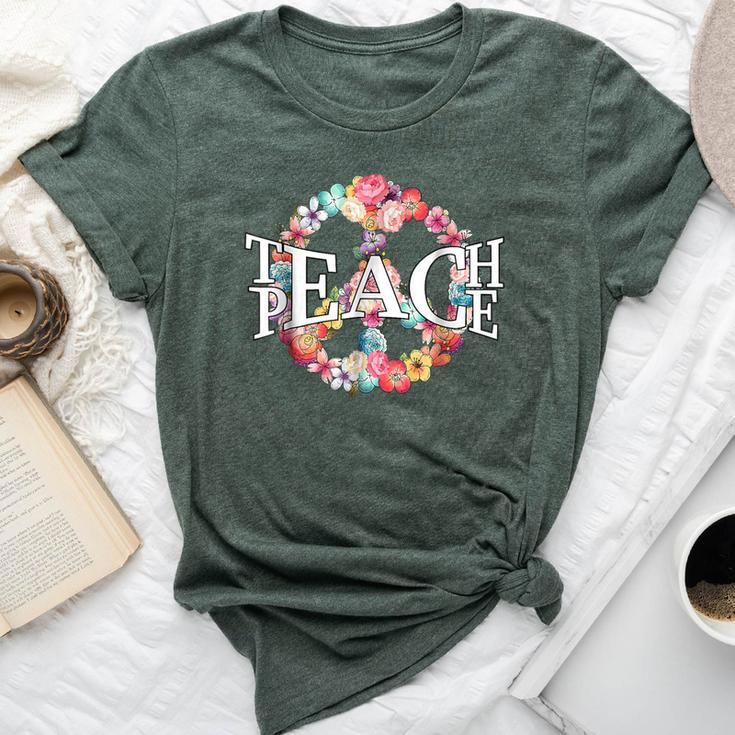 Teach Peace Teacher Inspiration Peace Sign Hippie Floral Bella Canvas T-shirt