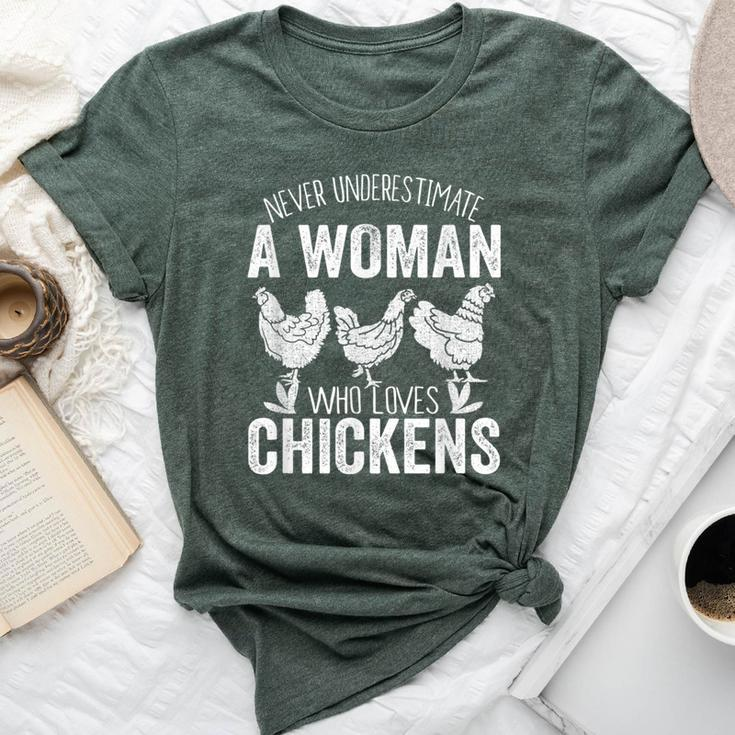 Never Underestimate A Woman Who Loves Chickens Farmer Bella Canvas T-shirt