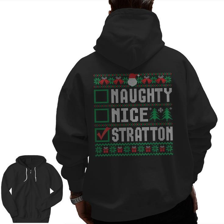 Stratton Family Name Naughty Nice Stratton Christmas List Zip Up Hoodie Back Print