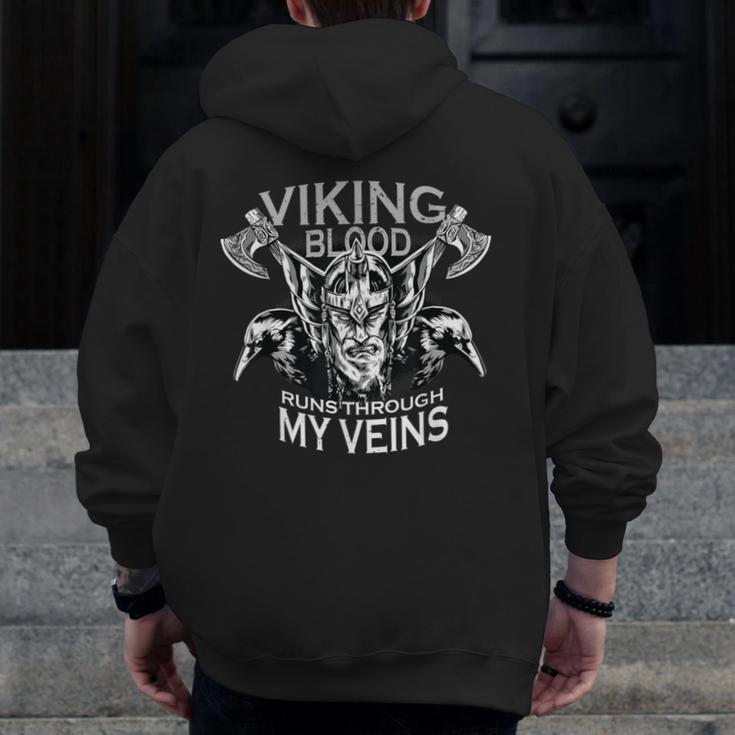 Cool Viking Text Viking Blood Runs Through My Veins Zip Up Hoodie Back Print