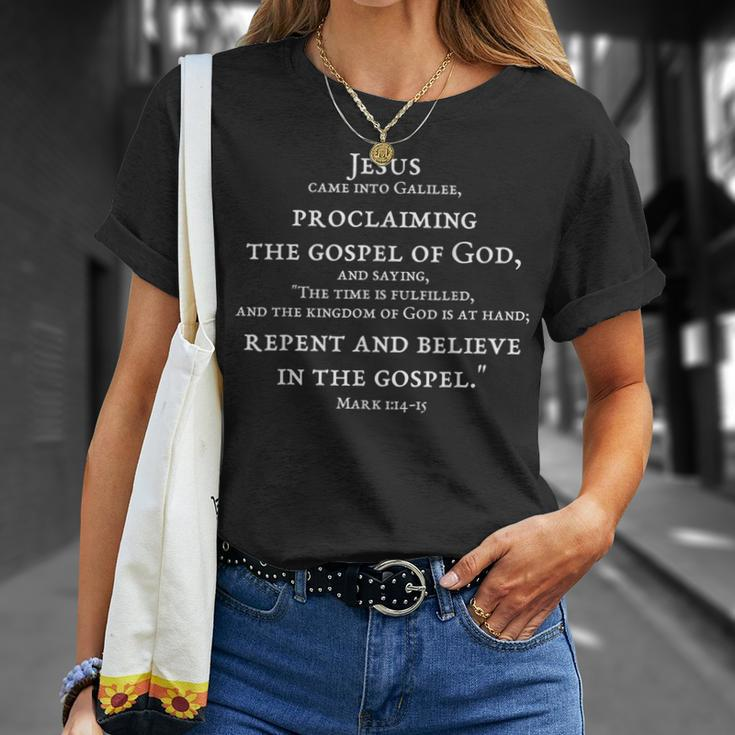 2-Sided Repent And Believe In Gospel Mark 114 15 Scripture T-Shirt Gifts for Her