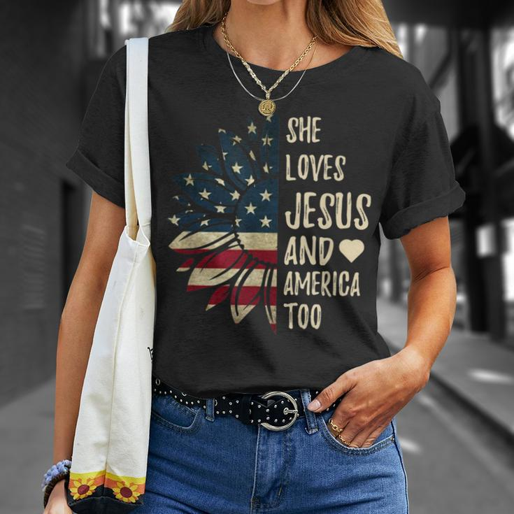 4Th Of July | Us Flag | She Loves Jesus And America Too Unisex T-Shirt Gifts for Her