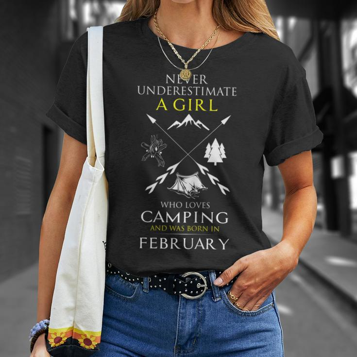 A Girl Who Loves Camping Born In February Camp Girl Vintage Unisex T-Shirt Gifts for Her