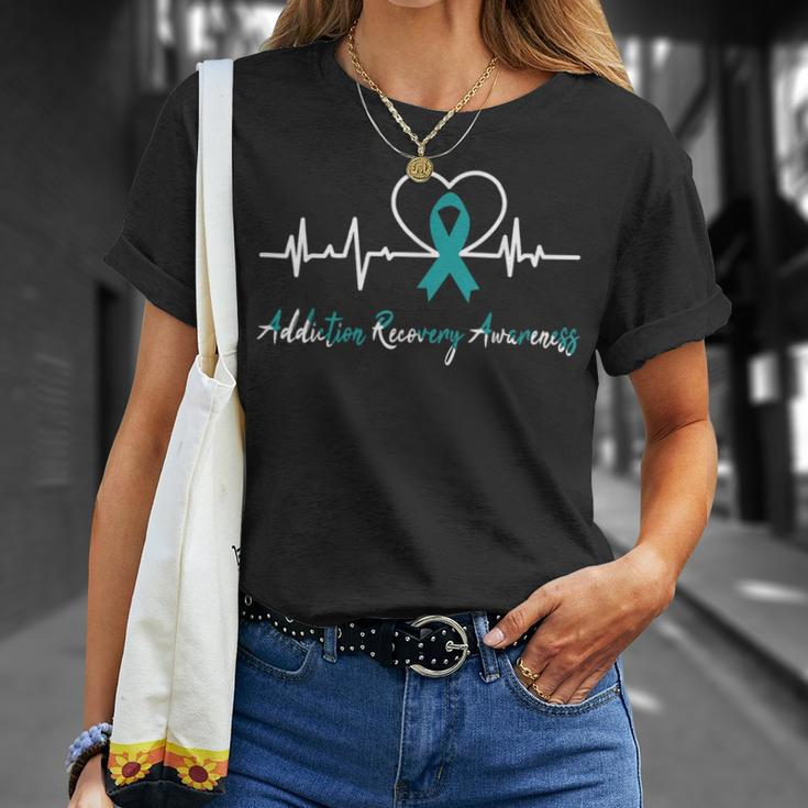 Addiction Recovery Awareness Heartbeat Teal Ribbon Support T-Shirt Gifts for Her