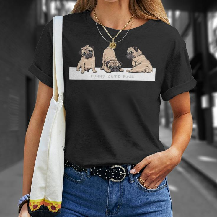 Adorable Beige Pug Puppies On Pink Unisex T-Shirt Gifts for Her