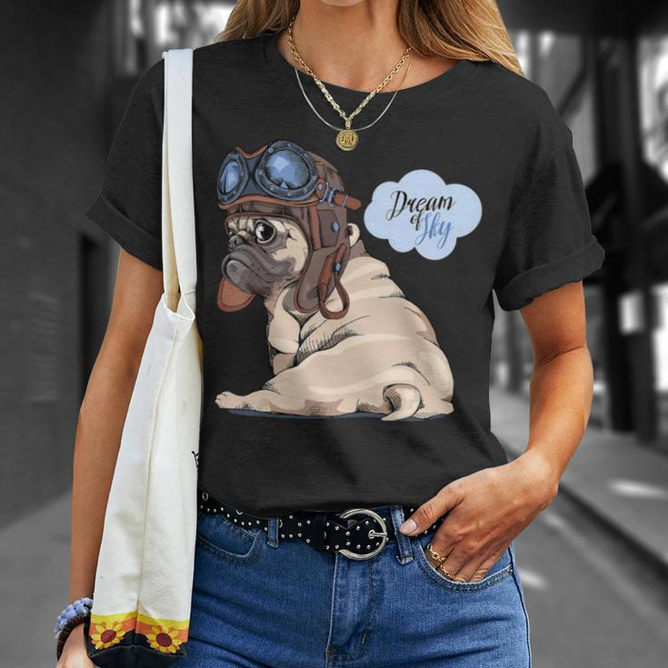 Adorable Beige Puppy Pug In Pilot He Unisex T-Shirt Gifts for Her