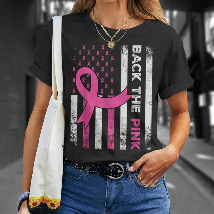 Back The Pink Ribbon American Flag Breast Cancer Awareness T-Shirt Gifts for Her