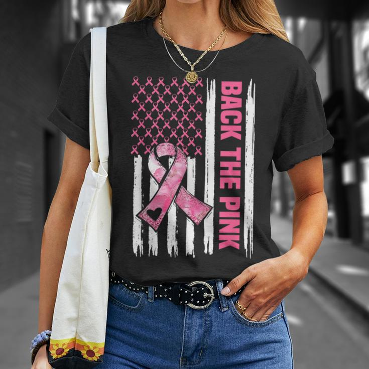 Back The Pink Warrior Flag American Breast Cancer Awareness Breast Cancer Awareness Funny Gifts Unisex T-Shirt Gifts for Her