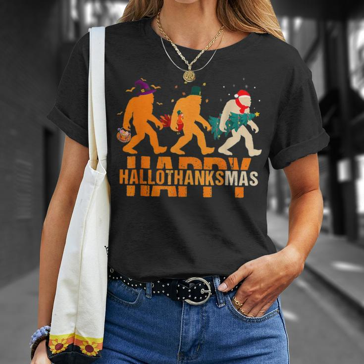 Bigfoot Happy Hallothanksmas Halloween Thanksgiving Xmas T-Shirt Gifts for Her