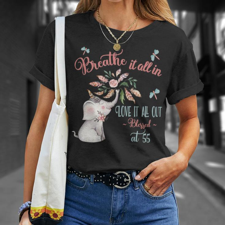 Blessed 55Th Birthday Whimsical Elephant Motivational Quote T-Shirt Gifts for Her