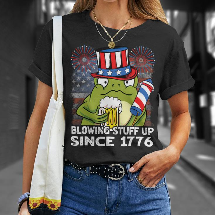 Blowing Stuff Up Since 1776 Funny 4Th Of July Frog Beer Unisex T-Shirt Gifts for Her