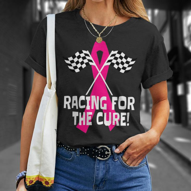 Car Races Racing For A Cure Pink Ribbon Breast Cancer Racing Funny Gifts Unisex T-Shirt Gifts for Her