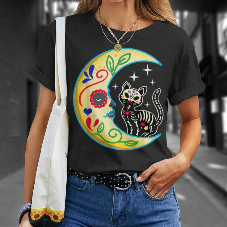 Cat & Moon Sugar Skull Dia De Los Muertos Day Of The Dead T-Shirt Gifts for Her