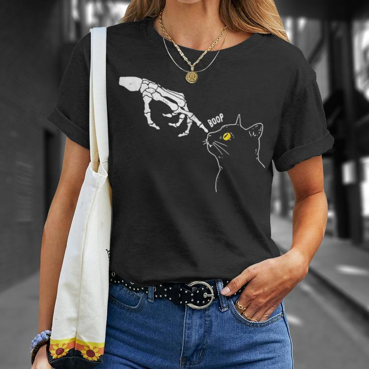 Cat Black Lover Skeleton Hand Boop Funny Halloween 2023 Unisex T-Shirt Gifts for Her