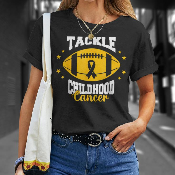 Childhood Tackle Childhood Cancer Awareness Football Gold T-Shirt Gifts for Her