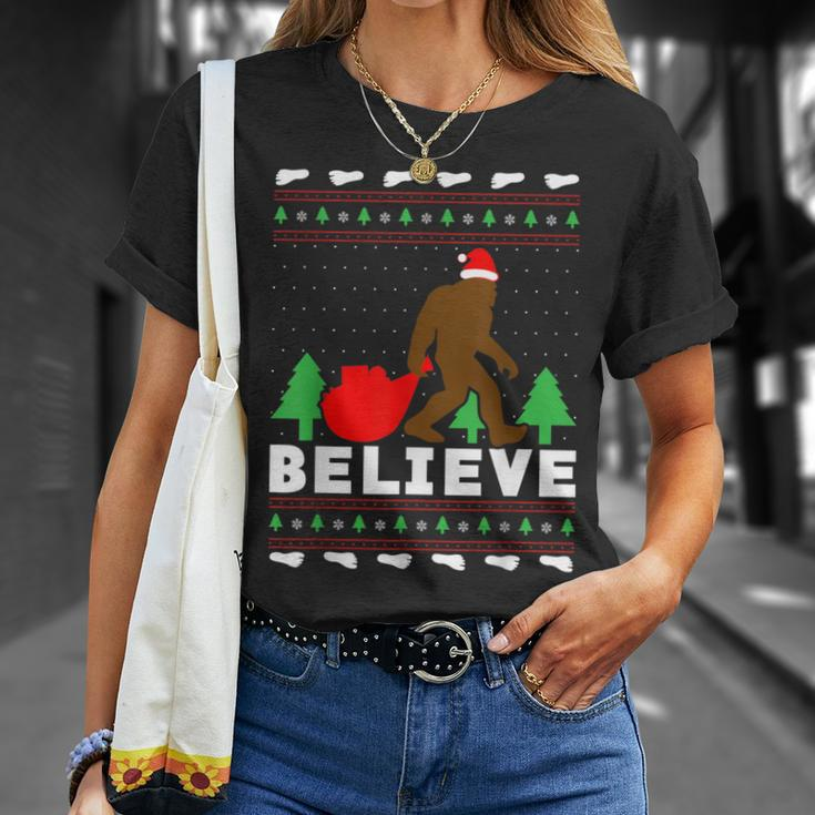 Christmas Believe Bigfoot Ugly Xmas Sweater T-Shirt Gifts for Her