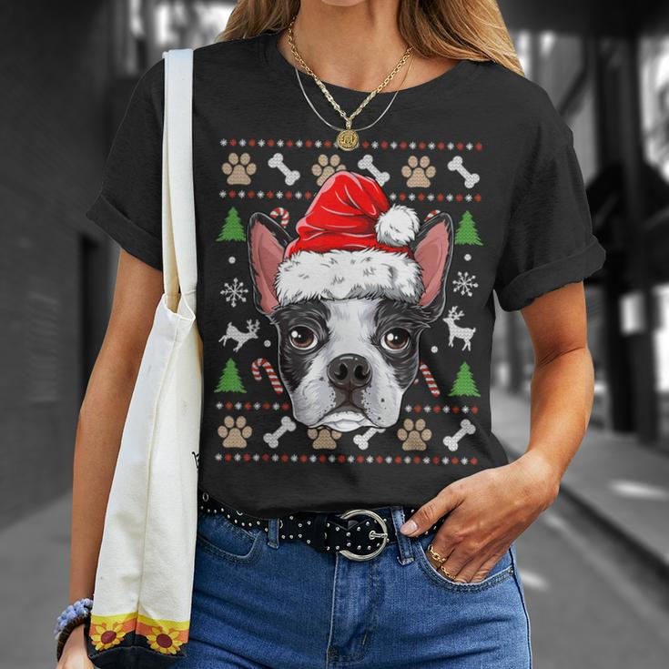 Cute Boston Terrier Ugly Christmas Sweater Santa Hat Xmas T-Shirt Gifts for Her