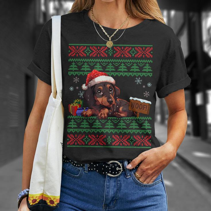 Cute Dachshund Dog Lover Santa Hat Ugly Christmas Sweater T-Shirt Gifts for Her